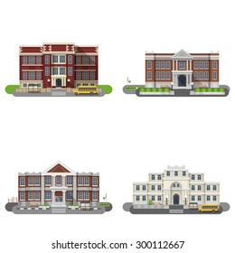 School and university buildings flat icons set isolated vector illustration