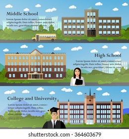 School and university buildings vector illustration in flat style. Education concept banners and design elements. 