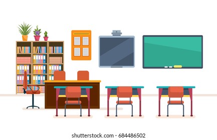 School and university classroom with chalkboard and desks. Class for education, board, table and study, blackboard and lesson. Interior of modern school room. Education. Vector illustration