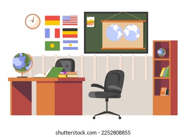 El interior de la escuela o de la universidad, la habitación con escritorio y globo. Clases de geografía y mapas para la educación y la obtención de habilidades para conocer el mundo. Los países marcan la decoración. Vector de estilo plano