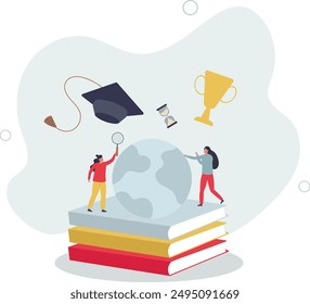 School, university and college graduation. Personal growth degree and development using book research.flat design.illustration with people.