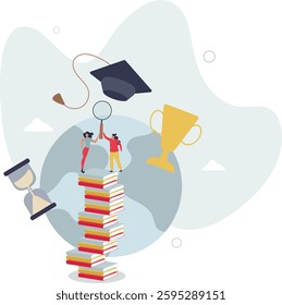 School, university and college graduation. Personal growth degree and development using book research.flat character life .