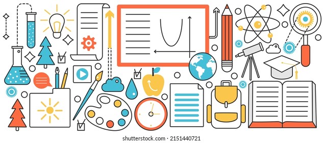 School, university or college technology of study. Training process of student in library with books, lesson or online literature, distance education infographic concept banner, thin line art design