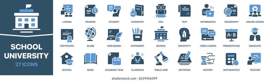 School and university colored signed icon collection. Education, knowledge, student, graduate, book icons. UI icon set. Colored icons pack. Vector illustration