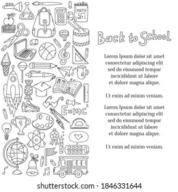 School university doodle line icons row template vector set