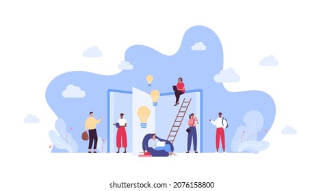 School and university education concept. Vector flat people illustration. Multiethic group of student. Book, light bulb, ladder of success symbol on sky background. African, white, mixed ethnic person