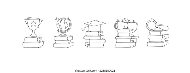 Iconos de educación escolar y universitaria con pilas de libros con sombrero de graduación, globo, desplazamiento del diploma, copa de oro y lupa, ilustración de vector dibujada a mano