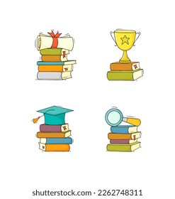 School and university education icons with stacks of books with student graduation hat, diploma scroll, gold cup and magnifying glass, vector hand drawn illustration
