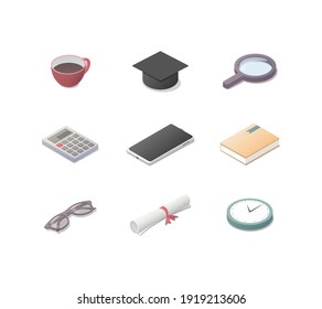 School university education. Isometric icon set. Colored vector illustration. Isolated on white background.