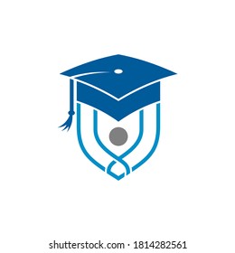 School university education logo. Shield, people and toga hat logo concept. Modern educational flat logo template in blue color