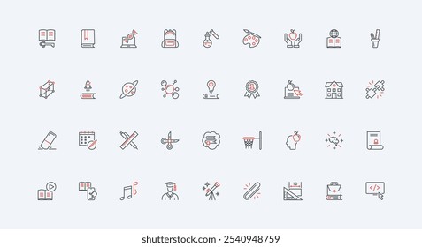 School and university education, online training and course, video lesson line icon set. Book and classroom, graduate cap, learning instruction thin black and red outline symbols vector illustration