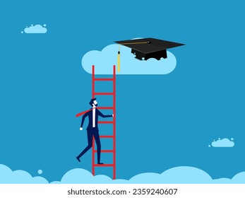School or university fees are expensive. Businessman climbs up and grabs a high graduation cap on the cloud 