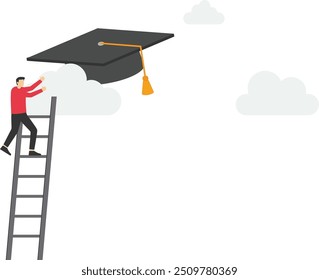 School or university fees are expensive. Businessman climbs up and grabs a high graduation cap on the cloud

