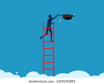 School or university fees are expensive. man climbs up and grabs a high graduation cap on the cloud 
