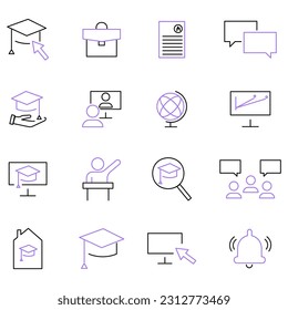 School and University Flat Line Icons Set. Study, Knowledge, Learning, Globe, Chemistry, Classroom Auditorium. Vector illustration. Stock image.