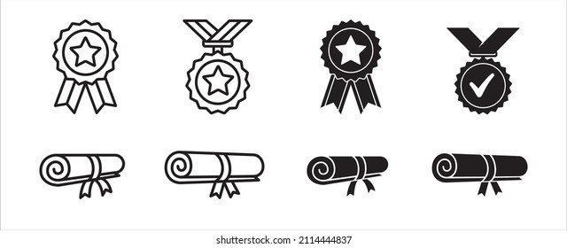 School Or University Graduation Scroll Icon Set. Medal Award Vector Symbol Set. Cum Laude Illustration Sign.