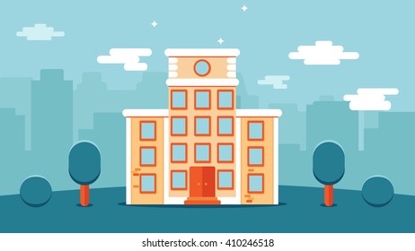 School or university high vector flat city house. With editable tree around and silhouette landscape on the background 