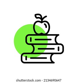 School and university icon. Stack of books with apple on top. Pixel perfect, editable stroke fun color