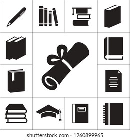 School or university isolated flat vector icons set as book, copybook, pen, diploma