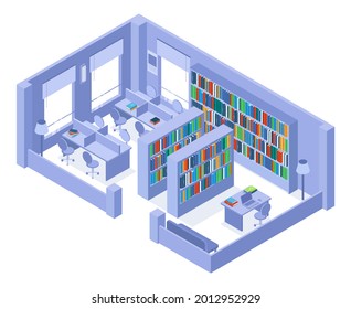 School or university isometric library bookshelves and bookcases interior. College library with books and bookcases vector illustration. Isometric library for education, isometric university room