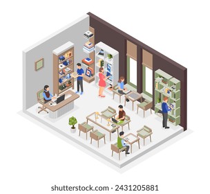 School or university isometric library. Students learning and reading books. Bookshelves, desk and chairs. Bookstore interior, flawless education vector scene