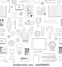 School And University Items Linear Vector Seamless Pattern. Learning, Knowledge And Education Backdrop. Sleeping Cat, Lightbulb, Plant Background. Back To School Wrapping Paper Design