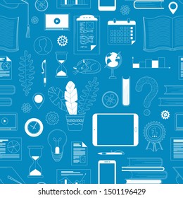 School and university items linear vector seamless pattern. Learning, knowledge and education backdrop. Sleeping cat, tablet, potted plant on blue background. Back to school wrapping paper design