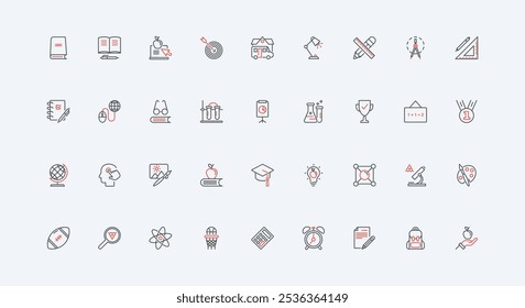 School and university knowledge, education line icon set. Backpack and stationery of student, teachers glasses and blackboard of classroom thin black and red outline symbols vector illustration