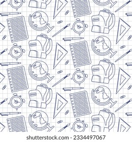 School, University Monochrome Pattern. Blue On White Background. Vector Outline Illustration