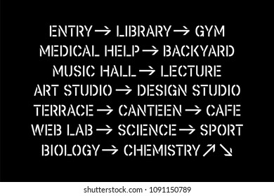 School or university navigation and way finding system with basic rooms like library, gym, medical help, music hall, lecture, art studio, terrace, canteen, cafe, web lab, science, sport, biology