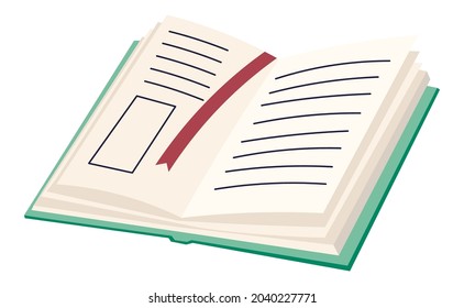 School or university notebook with bookmark, isolated open textbook with information on discipline and material. Journal or diary, publication reference and uni projects. Vector in flat style