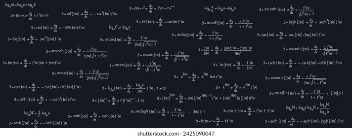 School and university notes on exercises, equations and formulas of logarithms, derivatives, trigonometric, logarithmic, hyperbolic and inverse on a black chalkboard background