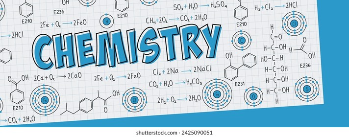 Schul- und Universitätshinweise zu Übungen, chemischen Formeln und Gleichungen, organischer Chemie, chemischen Reaktionen, Strukturformel, Atomen chemischer Elemente, mit Gitterblatt und blauem Hintergrund