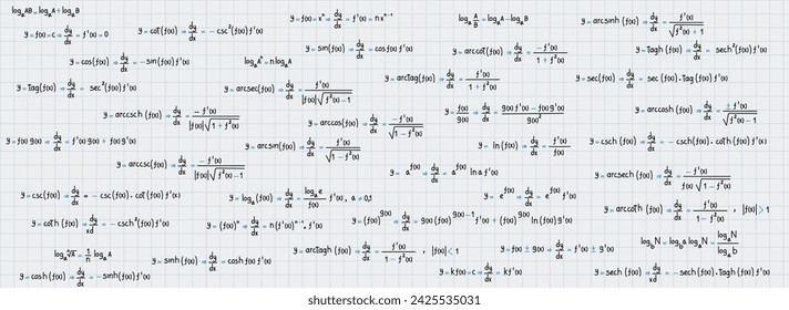 School and university notes on exercises, logarithmic, derivative, trigonometric, logarithmic, hyperbolic and inverse equations and formulas on graph paper background