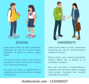 School and university set of posters with text. Isolated vector illustration of young and adult boys and girls on light blue background