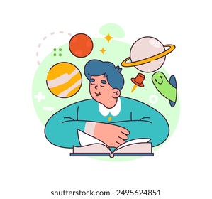 School or university student reading about planets, stars and comets. Vector flat character at astronomy lessons obtaining knowledge about galaxy and universe, cosmos and celestial bodies