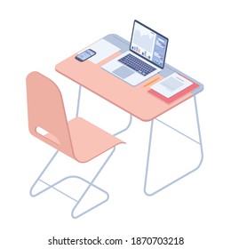 School and university student workplace. University class flat design isometric vector concept.
