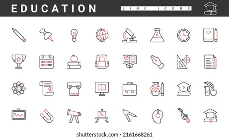 School and university study, education and science thin red and black line icons set vector illustration. Abstract training technology, internet tutorials and library digital symbols, graduate