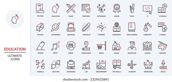 School and university technology stationery student to study, knowledge from books, encyclopedia ebook, science sport symbols. Education trendy red black thin line icons set vector illustration.