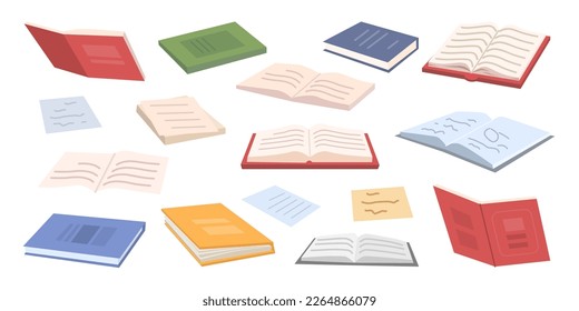 School or university textbooks, diaries and books with assignments. Literature and reading hobby. Education and studying. Flat cartoon, vector illustration