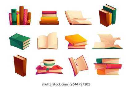 Livros escolares ou universitários, diários e livros vazios, abertos e fechados. Pilhas e pilhas de romances vetoriais. Literatura e hobby de leitura. Educação e estudo. Pasta de trabalho ou publicação