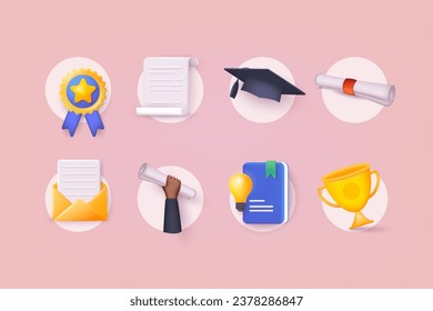 School and University Vector 3D Icons Set. 3D Vector Web llustrations.