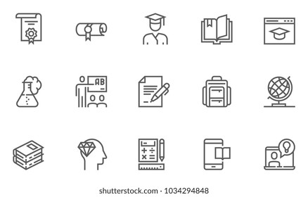 School and University Vector Flat Line Icons Set. Study, Learning, Knowledge, Chemistry, Globe, Classroom, Auditorium. Editable Stroke. 48x48 Pixel Perfect.