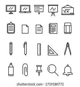 School and University Vector Flat Line Icons Set, School and University Equipment Icons