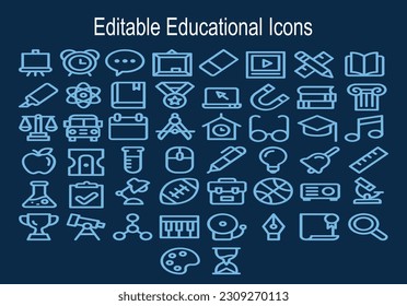 School and University Vector Flat Line Icons Set. Study, Learning, Knowledge, Chemistry, Globe, Classroom, Auditorium. Editable Stroke. 48x48 Pixel Perfect.