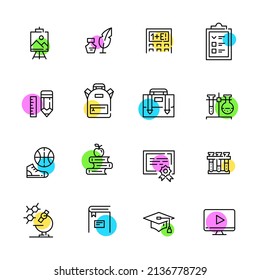 School And University Vector Icons. Backpack, Chemistry, Arts, Graduation, Online And Physical Education. Pixel Perfect, Editable Stroke Fun Color