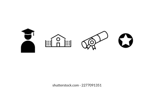 School or university vector icons set. Education pictograms set. School building, graduate student with cap portrait, diploma, achievement symbol. E-learning web icons.