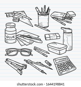 Utensilios escolares ilustración vectorial a mano