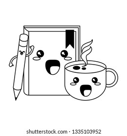 School utensils kawaii cartoons in black and white