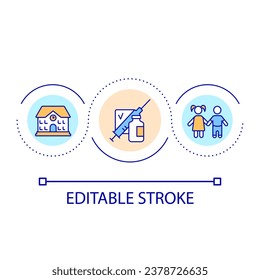 Icono de concepto del ciclo de vacunación escolar. Inmunización infantil. Atención de salud infantil. Programas de prevención ilustraciones abstractas de ideas en línea delgada. Dibujo de contorno aislado. Trazo editable. Tipo de letra arial utilizado